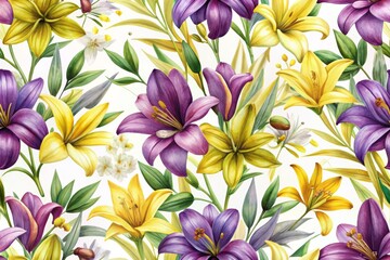 Obraz premium Seamless Floral Pattern Featuring Lilac, Purple, and Yellow Lilies with Green Leaves on a Soft Background for Elegant Designs and Crafts