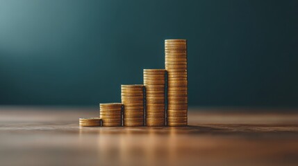 Coins in a stair formation, representing stepbystep financial growth, close up, wealth accumulation theme, realistic, multilayer, coffee table backdrop