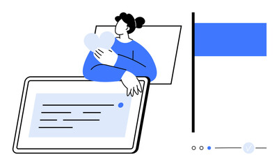 Woman holding heart, tablet displaying text, parallel to blue flag. Ideal for self-care, mental health, love, digital communication, relaxation technology emotional wellness. Line metaphor