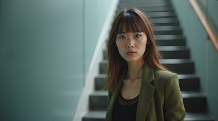 Fototapeta premium Young Asian woman with serious expression standing against staircase background