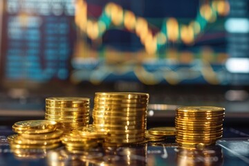Stacked Coins with Financial Charts Background