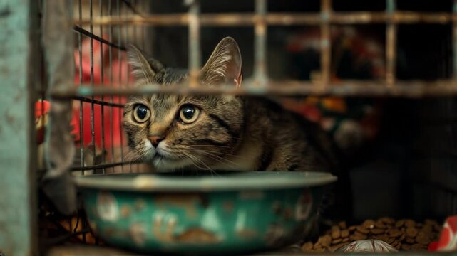 Abandoned tabby cat rescued and sheltered after Christmas, looking out from its cage in an animal shelter, highlighting rescue, animal care, and the for pet adoption. Video made using Generative AI