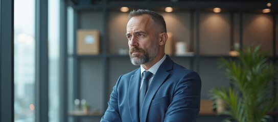 Naklejka premium Mature businessman with serious expression contemplating in modern office