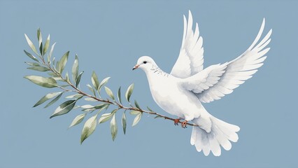 Fototapeta premium White dove flying with an olive branch on a light blue background