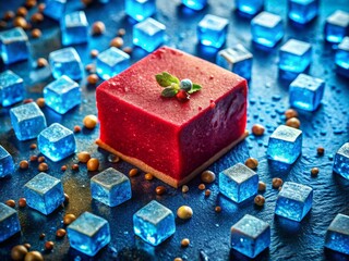 Stunning Arrangement of Bright Red Tofu Surrounded by Blue Gem Crystals on Textured Background with Decorative Elements