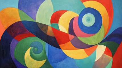 Obraz premium Use a bold, lively palette with bright colors--think electric blues, intense reds, and vivid yellows--distributed across the scene in abstract, energetic shapes like spirals, swirls, or splashes.