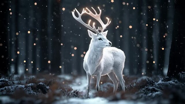 Magic shining deer in winter fairy forest. Patronus animal against snowy trees. Magical mistic scene from fairytale. Christmas and winter holidays concept