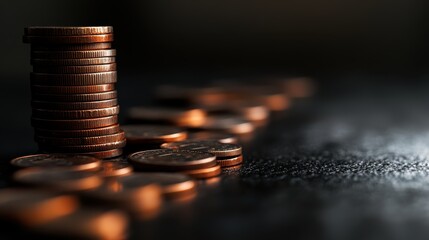 A staircase of coins leading upwards, illustrating the gradual growth of savings, focus on, financial discipline theme, dynamic, composite, study desk background