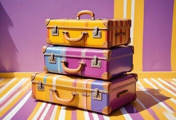 Three colorful suitcases on wheels against a bright yellow,white,purple background for train airporte treveling turkey treveling