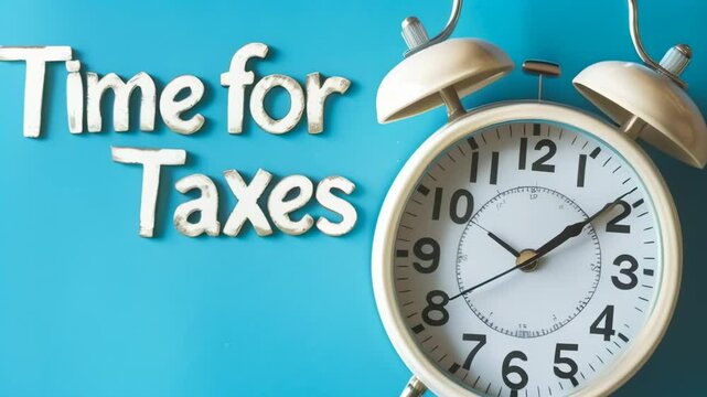 White vintage alarm clock ticking next to the words time for taxes on a vibrant blue background, symbolizing the approaching tax deadline and the importance of timely filing