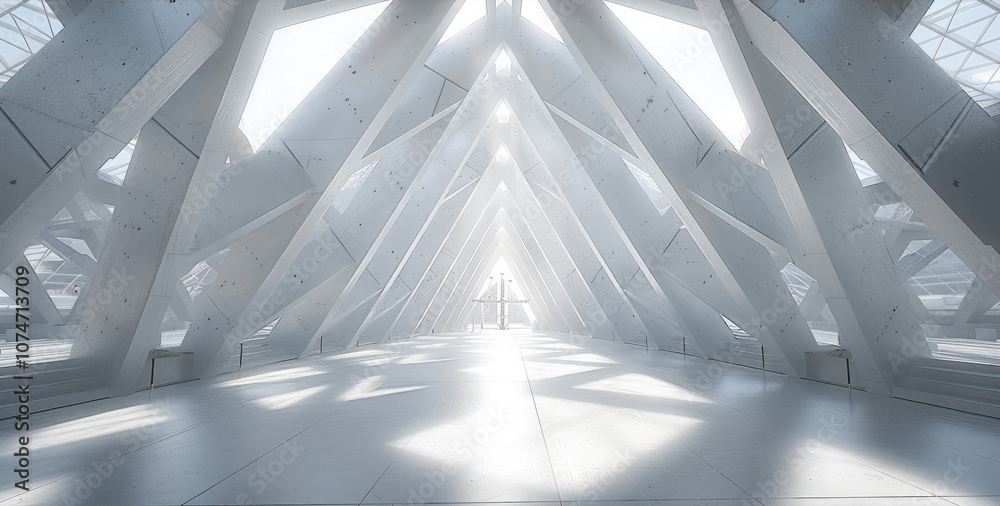 Aufkleber White concrete structure of a triangular space. Natural sunlight shines through the skylights and casts shadows inside the building, The interior features geometric shapes and symmetrical elements.