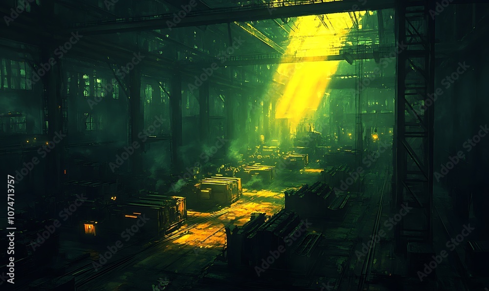 Aufkleber a dimly lit industrial space with shafts of green and yellow light illuminating dusty surfaces and s