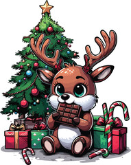 A small reindeer eating a chocolate bar under a Christmas tree