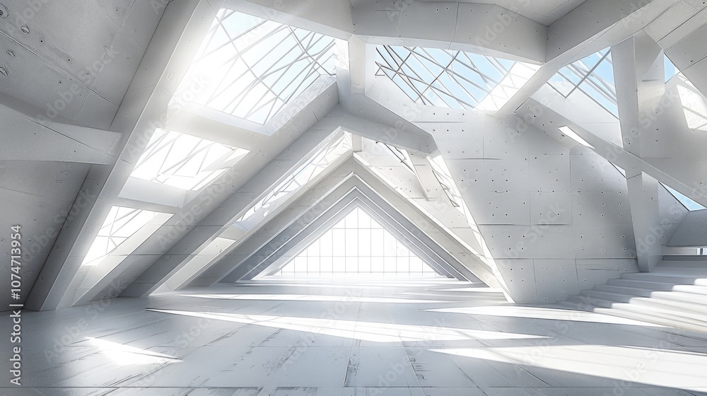 Poster white concrete structure of a triangular space. natural sunlight shines through the skylights and ca