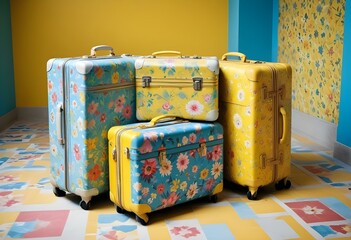Three colorful suitcases on wheels against a bright yellow,white,purple background for train airporte treveling turkey treveling