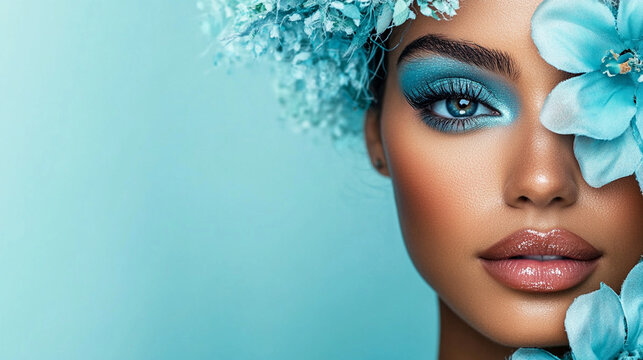 Beautiful young hispanic latina woman with flowers and petals on her face. Beauty parlor horizontal banner concept, copyspace Blue background.	
