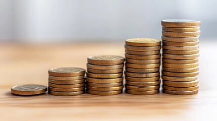 Stacked coins forming a staircase, showing the slow climb towards wealth, copy space, longterm savings theme, whimsical, overlay, kitchen counter backdrop