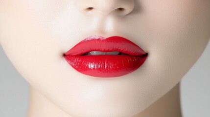 Fototapeta premium Closeup of a model s lips wearing a vibrant red lipstick the smooth and flawless application highlighting the luxurious texture and of the lipstick