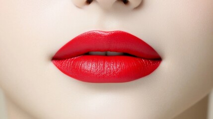 Fototapeta premium Closeup shot of a model s lips wearing a vibrant red lipstick the smooth and application highlighting the rich luxurious texture and color of the lipstick under soft flattering lighting