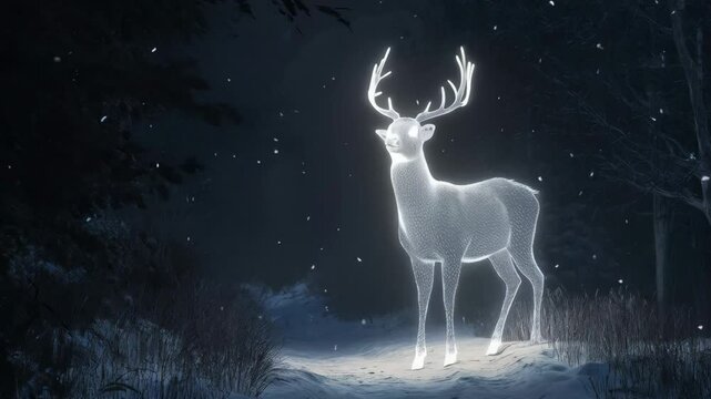 Magic shining deer in winter fairy forest. Patronus animal against snowy trees. Magical mistic scene from fairytale. Christmas and winter holidays concept