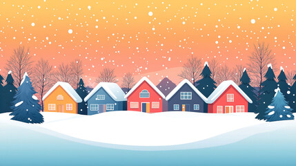 Fototapeta premium Winter village scene with holiday season charm in a postcard style for Christmas and New Year