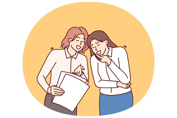 Women colleagues laugh at joke or funny story and share intimate gossip about company employees. Business women laugh when see stupid mistake in paper report made by inexperienced employee.
