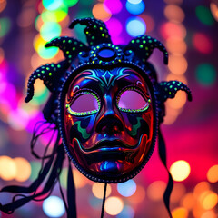 carnival party venetian mask with colorful and abstract defocused bokeh lights