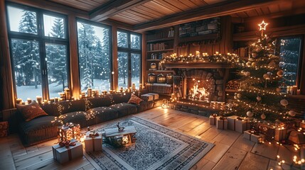 The cozy castle with second floor and interior spacious space with windows. On the second floor there is a bed room, The small pine tree is decorated with string lights with a star on top of the tree.