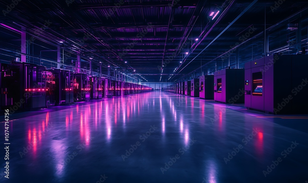 Fototapete a vast, illuminated data center features rows of server racks bathed in purple and blue lighting, cr