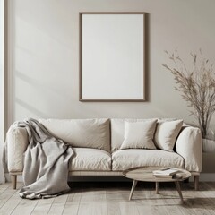 A white couch with a blanket draped over it