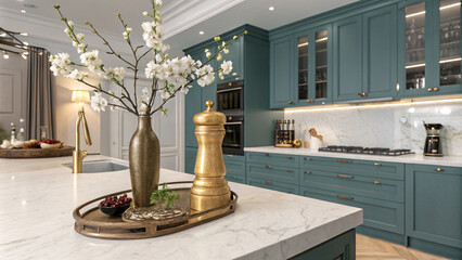 Elegant Luxury Kitchen with Teal Cabinets, Marble Countertops, and Gold Accents V8
