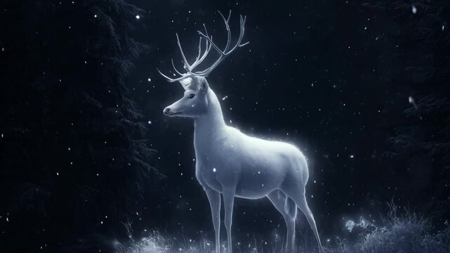 Magic shining deer in winter fairy forest. Patronus animal against snowy trees. Magical mistic scene from fairytale. Christmas and winter holidays concept