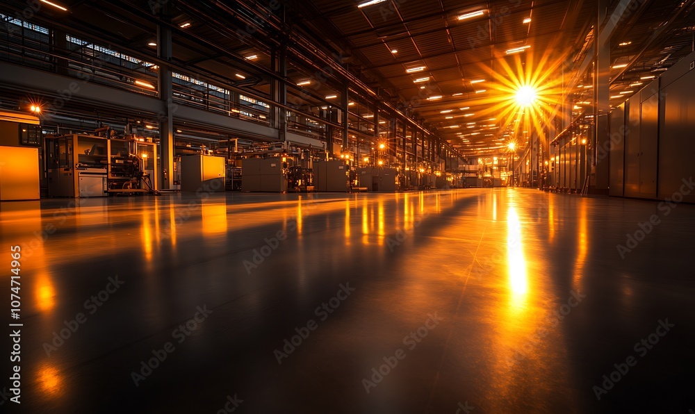 Poster a sunlit industrial space with reflective floors, showcasing warm light patterns and an expansive at