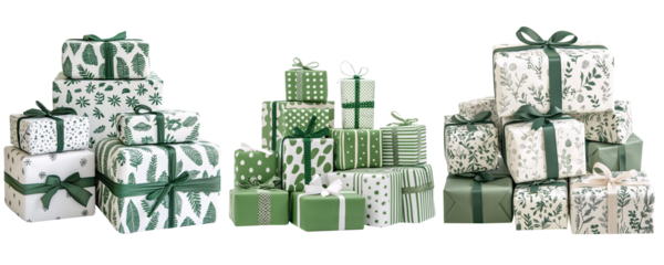 Set of isolated pile of big gift boxes with ribbon on a transparent background for Christmas party and New Year sales or celebration events. White and green color tones.