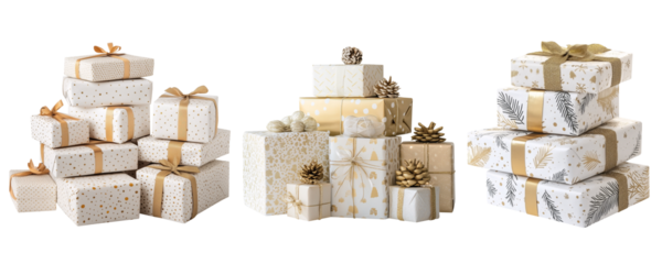 Set of isolated pile of big gift boxes with ribbon on a transparent background for Christmas party and New Year sales or celebration events. White and gold color tones.