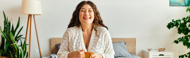 A young beautiful plus size woman sits comfortably, smiling and sipping tea in her inviting bedroom.