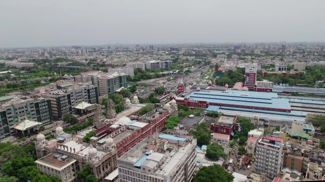 aerial reveal shot of government hospital, Southern Railway Headquarters, mgr central railway station and jawharlal nehru stadium in chennai tamil nadu, daytime , 4k, drone shot