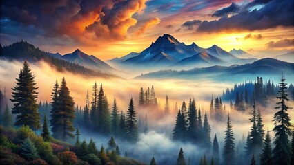 Serene Mountain Landscape Bathed in Mist and Golden Light, With Silhouettes of Trees and a Dramatic Sky