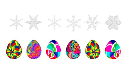 3d illustration of snowflakes and colorful eggs christmas background