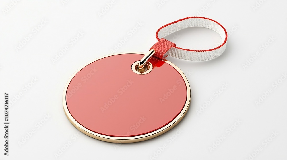 Leinwandbilder Elegant luxury circular tag or badge with a smooth glossy red and gold finish featuring a secure strap for attachment isolated on a clean white background perfect for product labeling packaging