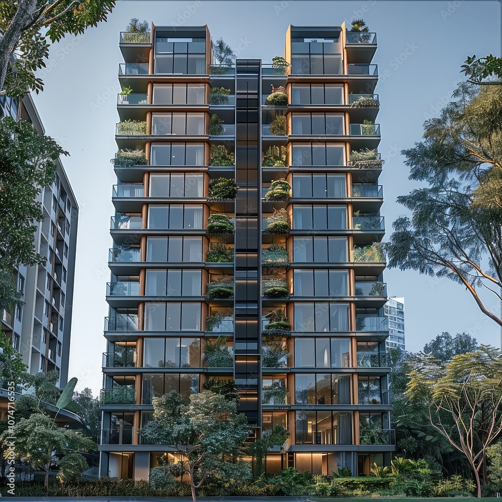 Aufkleber the exterior front elevation of an apartment building in a modern style, with high floor heights and