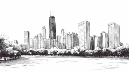 Black and white detailed sketch of a city with skyscrapers surrounded by a park with trees.