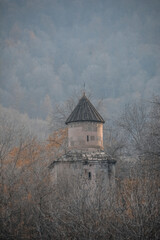 Old church in the forest. Temple in the fog. Old Armenian monastery Goshavank. Church print set. Monastery wall art