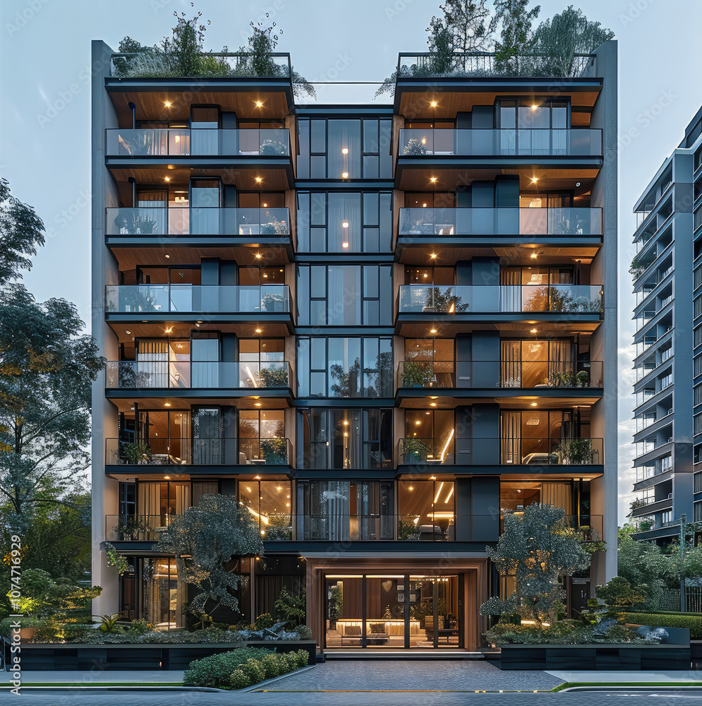 Aufkleber the exterior front elevation of an apartment building in a modern style, with high floor heights and