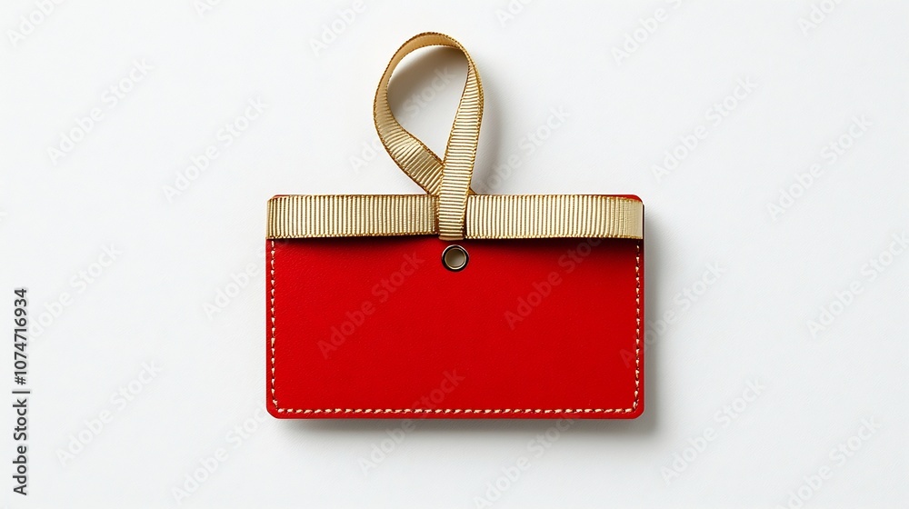 Aufkleber Rectangular luxury label or tag with a shiny red and gold design featuring ribbon like edges and a secure strap displayed against a clean white background perfect for high end branding packaging