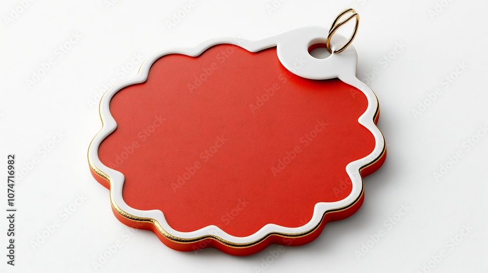 Fototapete Glossy Circular Red and Gold Tag with Scalloped Edge and Secure Loop for Attachment Isolated on a Clean White Background  Decorative Design Element or Accessory Mockup