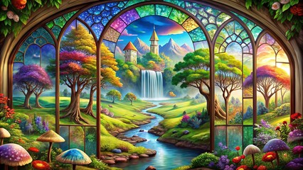 Obraz premium A Stained Glass Window View of a Magical Forest with a Waterfall and a Castle