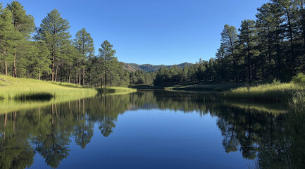 Obraz premium A calm lake surrounded by a rich forest