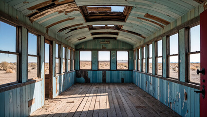 Inside view of rustic abandoned railcar in desert landscape