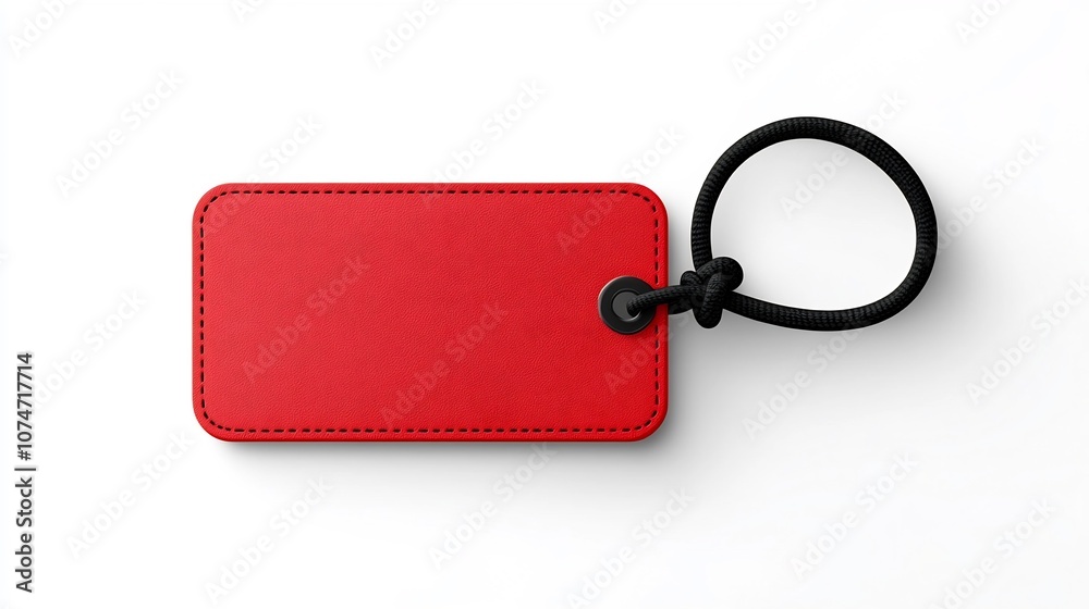 Leinwandbilder of a red rectangle tag with one rounded corner and a black strap passing through a hole featuring a 